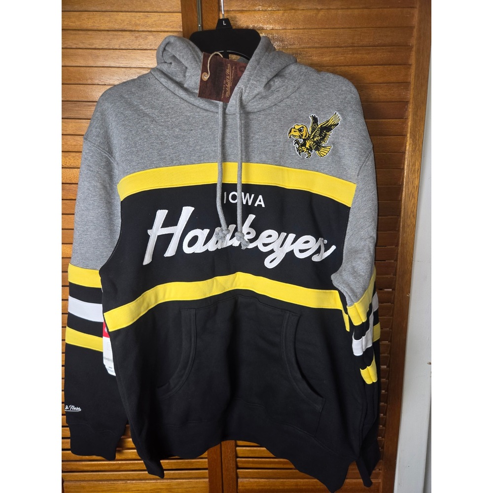 Iowa Hawkeyes Mitchell and Ness Head Coach Hoodie Grey/Black/Yellow Mens Med